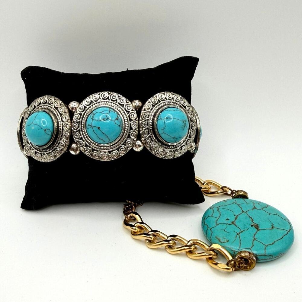 Turquoise Look Bracelet Set | 2 Pc Boho Western Jewelry | Statement Stack